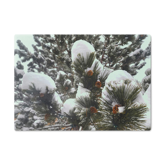 Cutting Board (glass) - Pine cones with snow