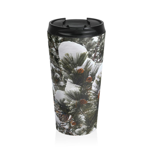 Travel Mug (15oz) - Pine Cones with snow