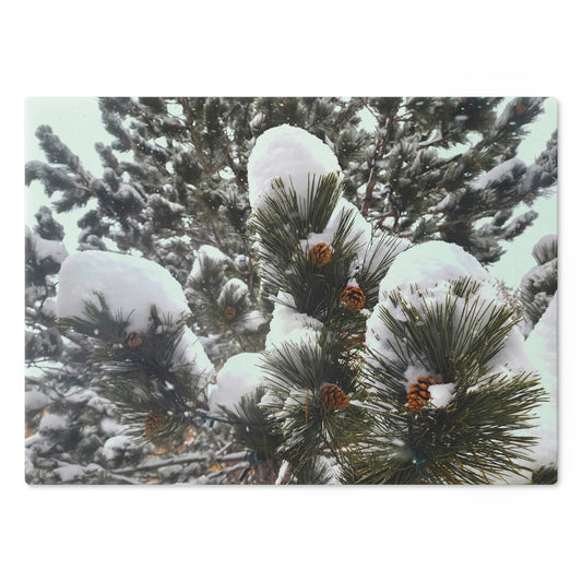 Cutting Board (glass) - Pine cones with snow