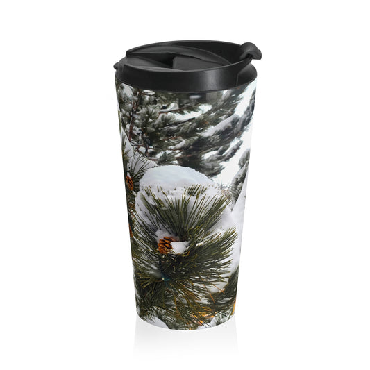 Travel Mug (15oz) - Pine Cones with snow