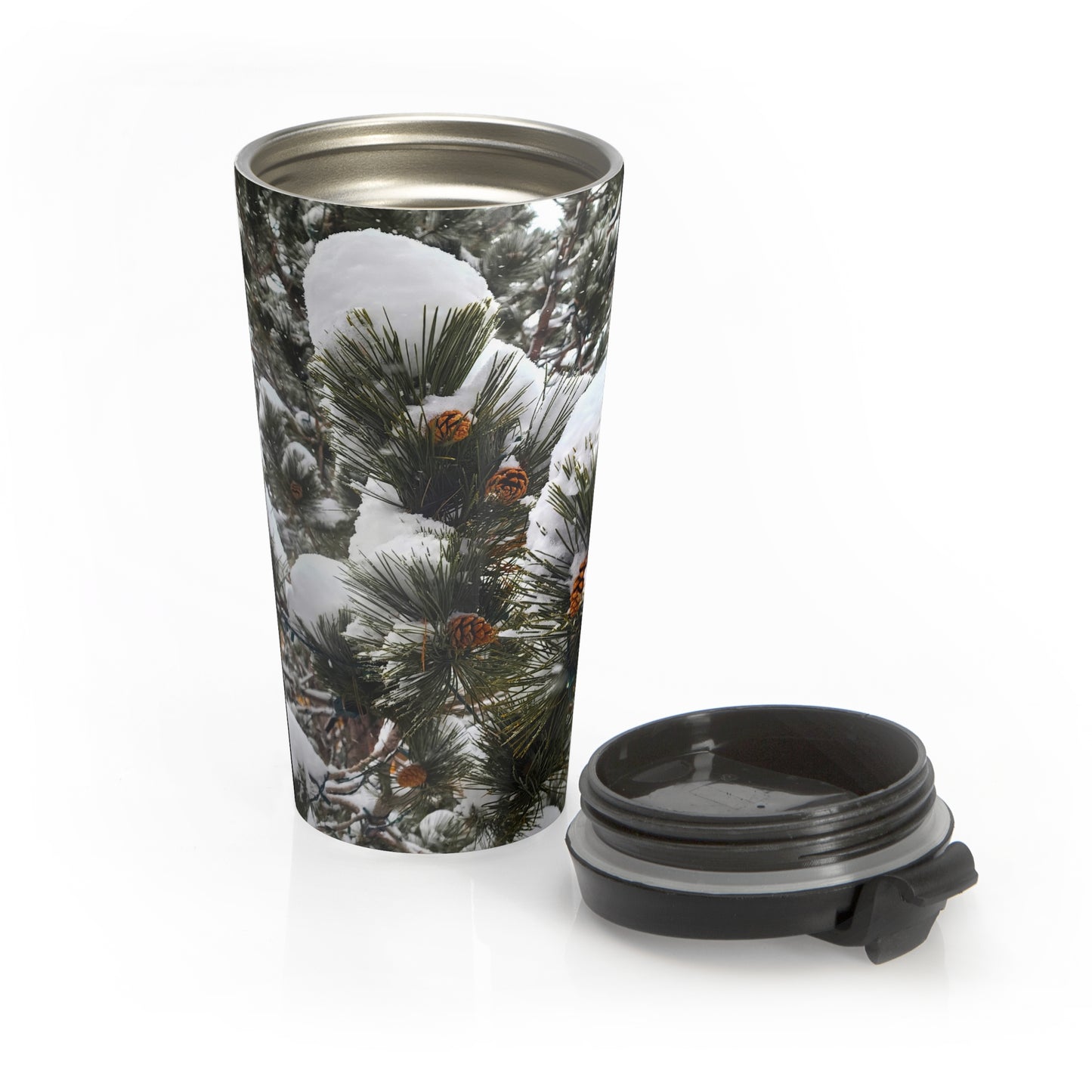 Travel Mug (15oz) - Pine Cones with snow